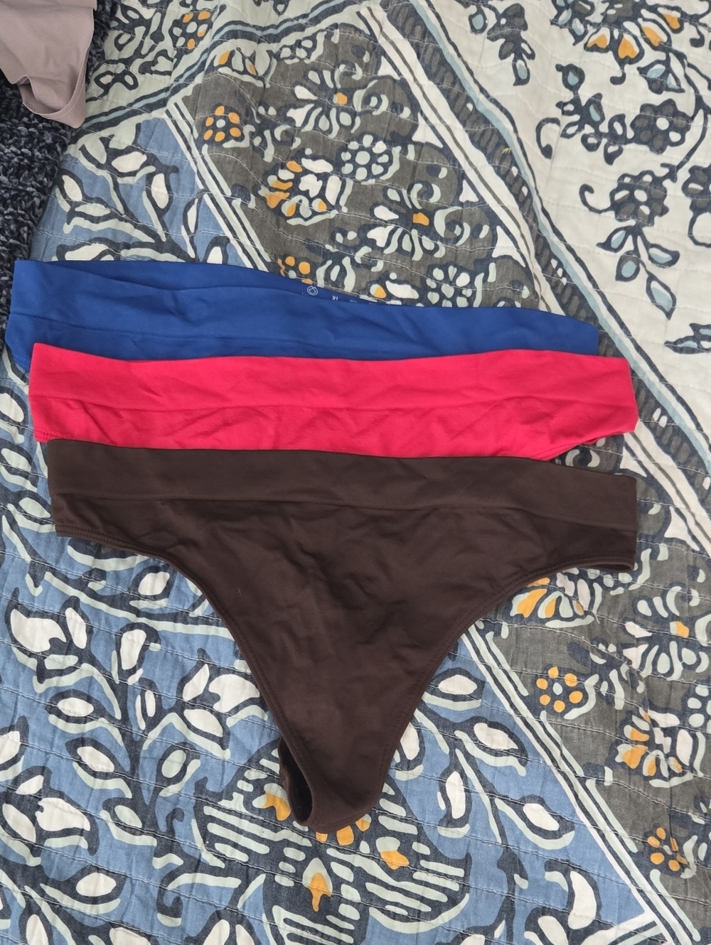 Lot Of 3 Mindd Stretch Thong Panties - Blue, Pink & Brown